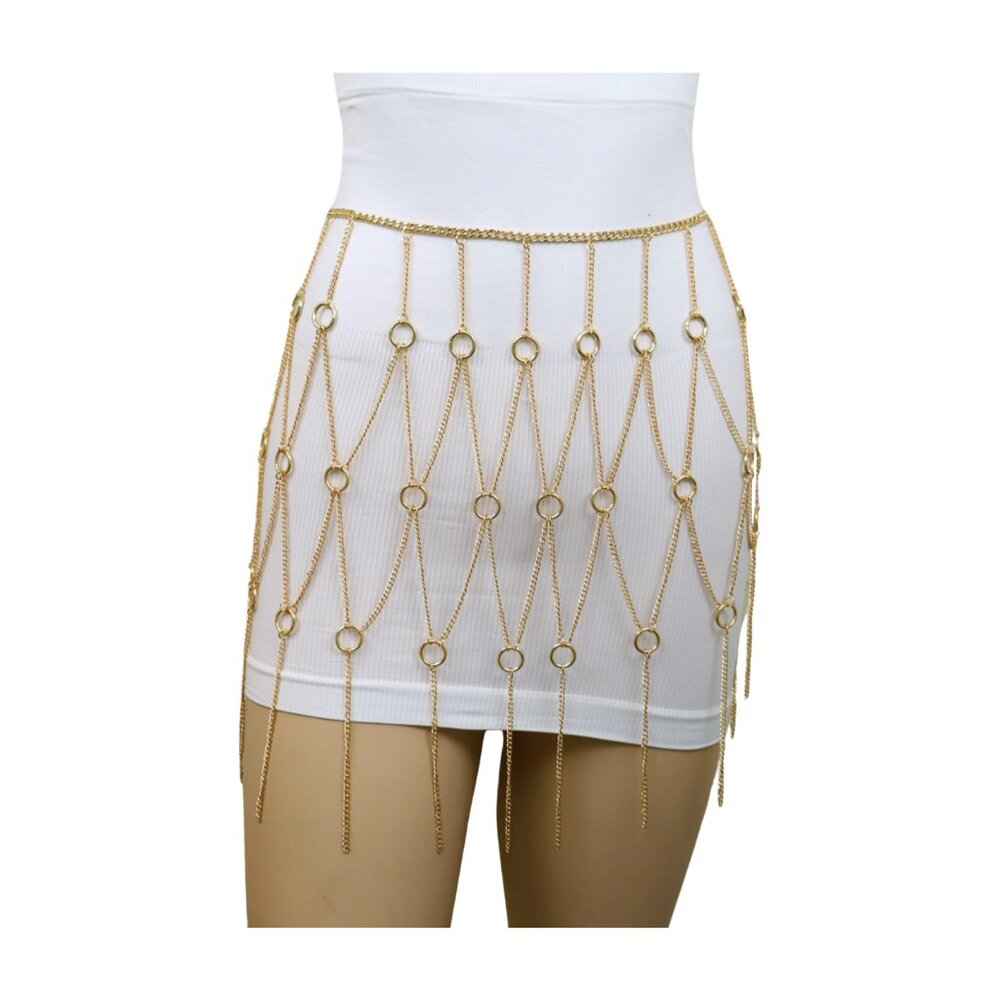 Women Gold Metal Chain Circle Rings Skirt Long Tassel Sexy Belt High Waist S M - Picture 16 of 17